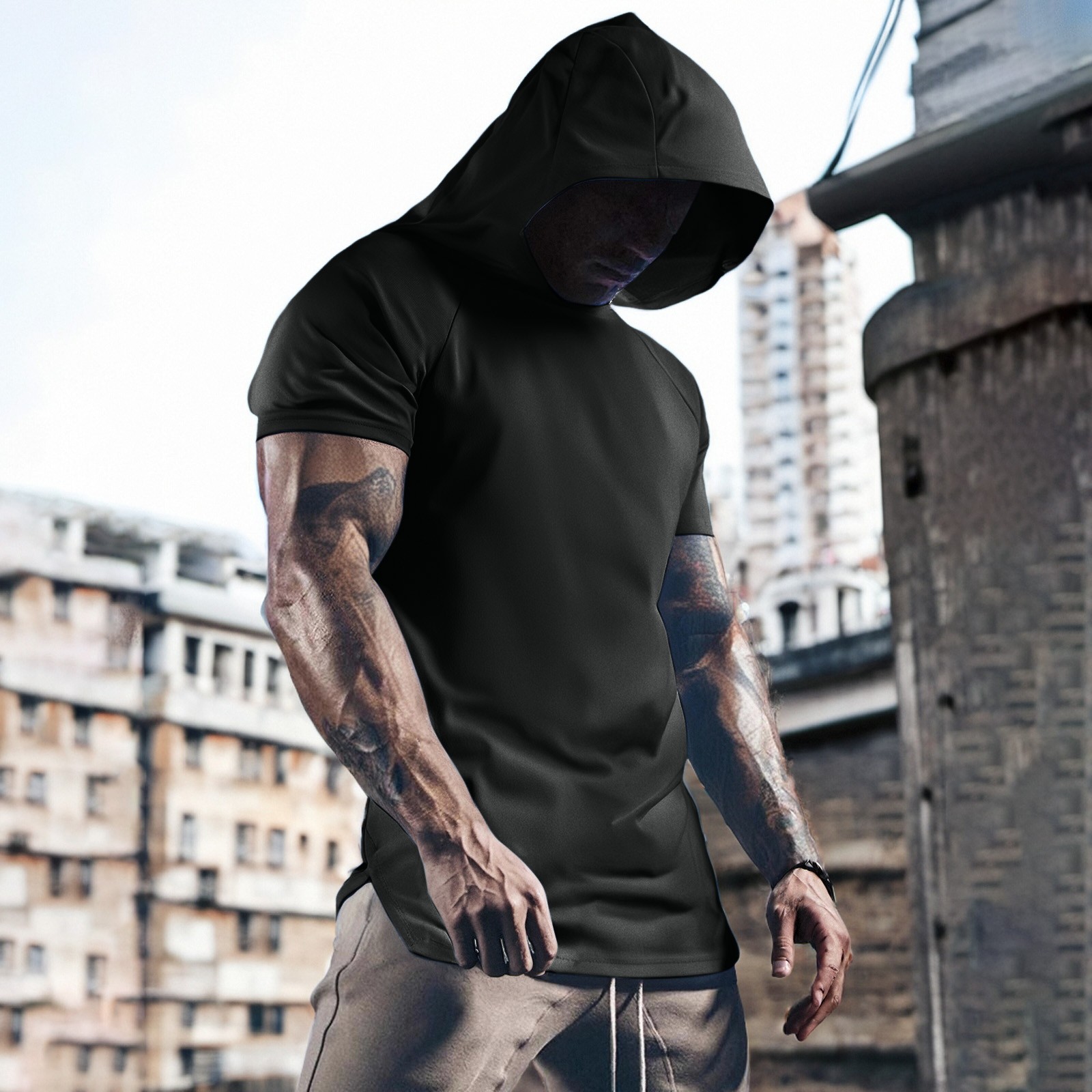 thumbnail image 2 of Sudadera con capucha de baloncesto de manga corta para hombre: diseño dividido, transpirable, secado rápido, chaqueta de calentamiento y tiro de moda para estudiantes universitarios, 2 of 4